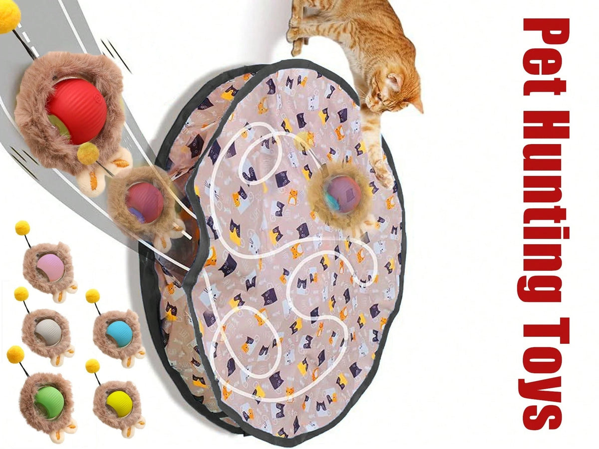 A cat tunnel play toy with a patterned fabric tunnel, plush catnip stations, and a climbing pole, shown with a ginger cat climbing on it. The image includes a vertical red text overlay reading 'Pet Hunting Toys' and smaller inset views of the toy on a white background.
