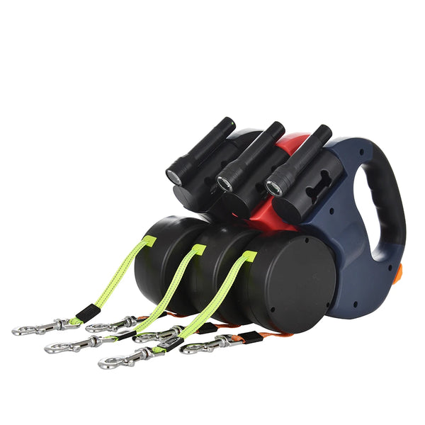 Retractable dog leashes with multiple attachments on a white background