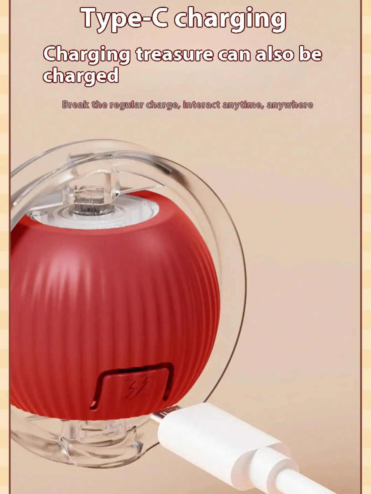 A red ribbed portable charging device inside a clear circular housing, shown with a white USB-C cable plugged in against a beige background with promotional text.