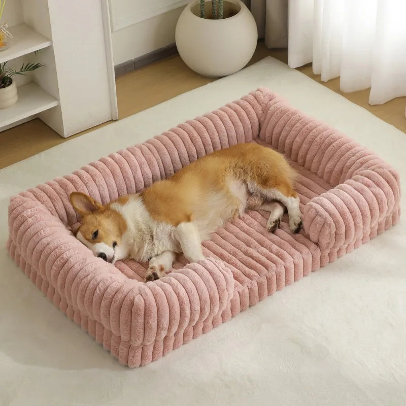 Dog lying on a pink pet bed in a cozy room with a white shelf and plant.