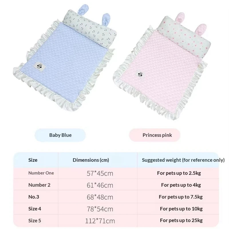 Two quilted pet blankets shown on a white background with size information below: one baby blue and one pink, each with a padded top, bunny ears, and fringed edges. A table lists sizes, dimensions, and suggested pet weights.