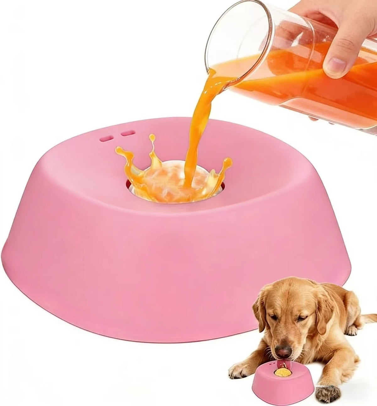 Pink dog bowl with orange liquid being poured into it, next to a dog looking at the bowl.