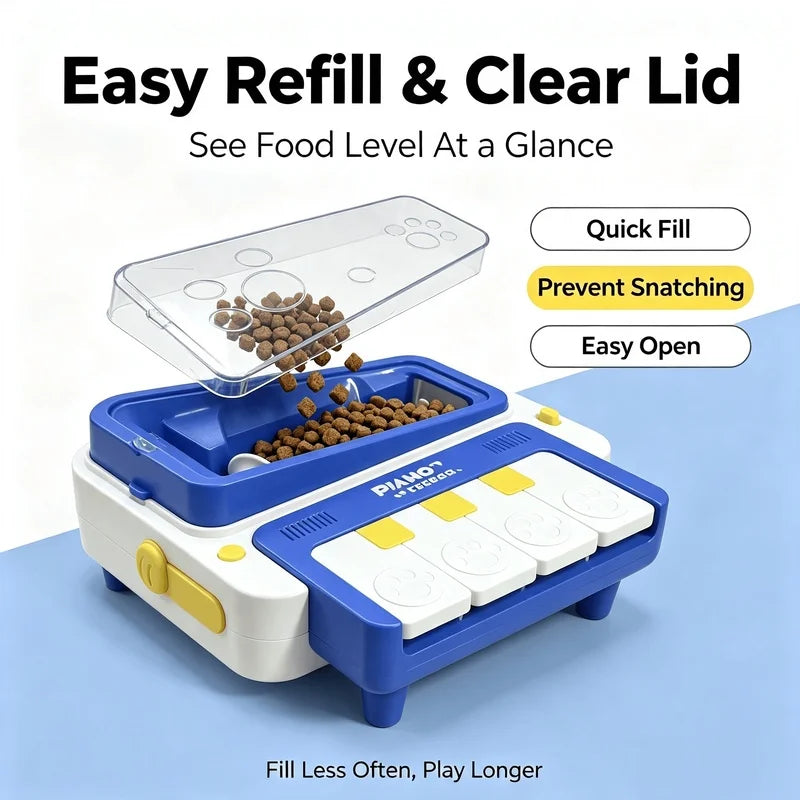 A blue and white pet feeder with a clear lid shown on a light blue and white background, with text highlighting features like easy refill, clear lid, quick fill, prevent snatching, and easy open.