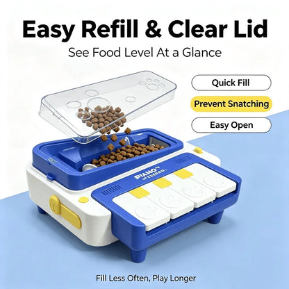A blue and white pet feeder with a clear lid shown on a light blue and white background, with text highlighting features like easy refill, clear lid, quick fill, prevent snatching, and easy open.