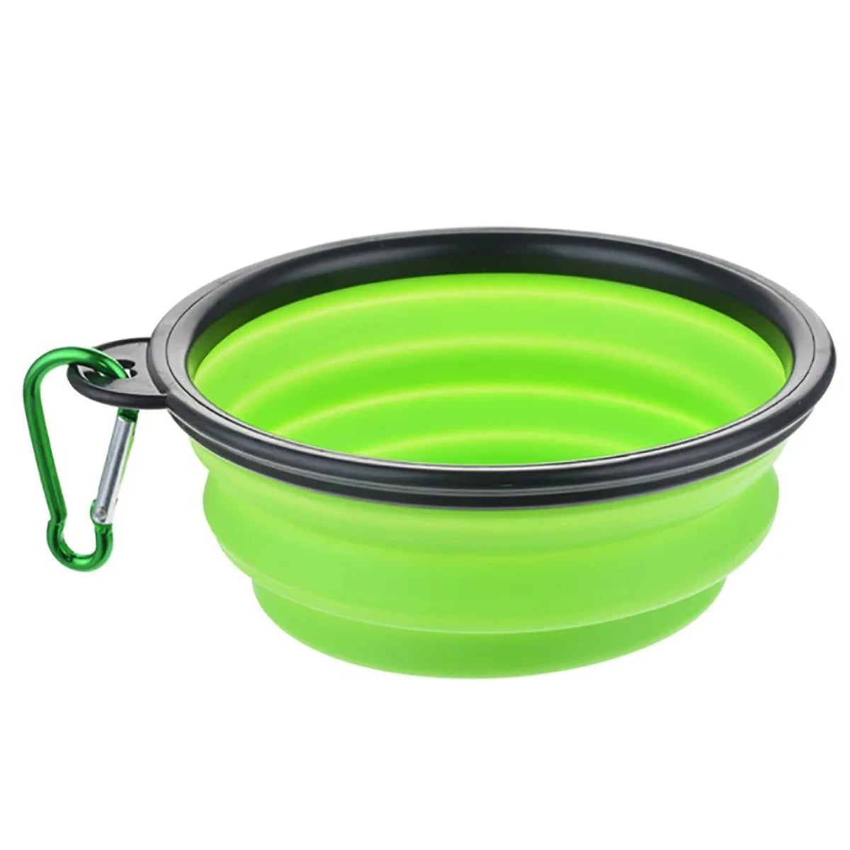 Green collapsible dog bowl with black rim and green carabiner on a white background