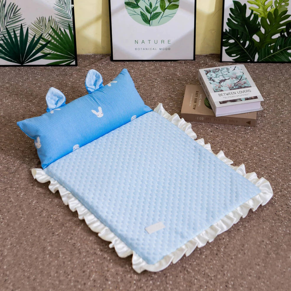 A light blue quilted baby blanket with white ruffled edges and a matching blue pillow with bunny motifs, styled on a carpeted floor with framed botanical prints and books in the background.