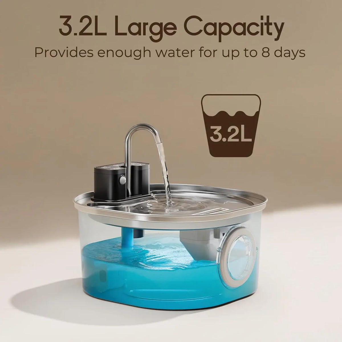 Pet water bowl with 3.2L capacity for up to 8 days on a beige background