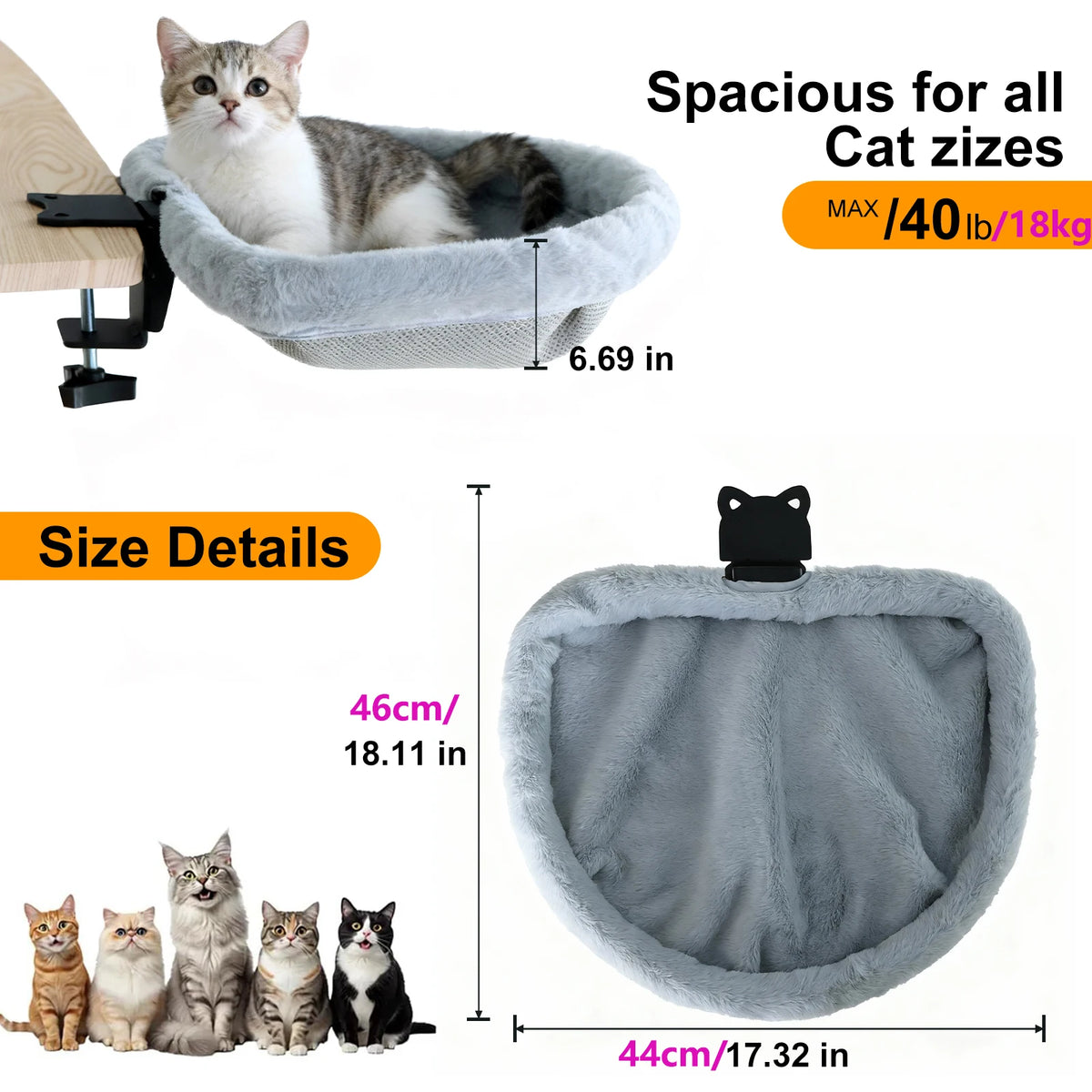 Cat hammock with measurements and cat size comparison on a white background