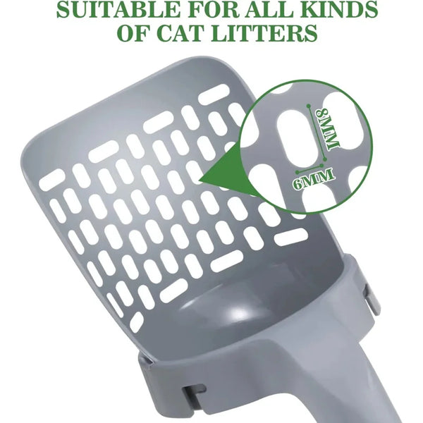 Cat litter scoop with grid pattern and 'Suitable for all kinds of cat litters' text on a white background.