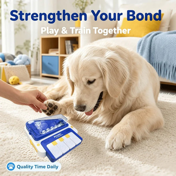 A golden retriever lies on a cream carpet in a bright living room while a person's hand offers a treat from a blue and white pet training treat box. Large text at the top reads 'Strengthen Your Bond Play & Train Together' and a badge at the bottom says 'Quality Time Daily'.