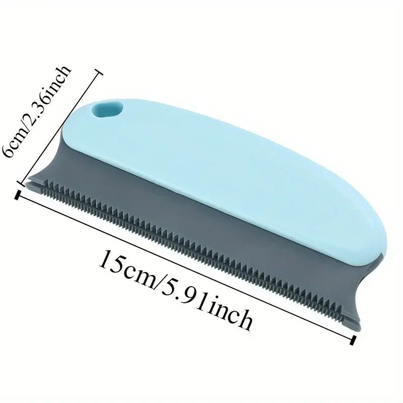 Blue and gray pet grooming brush with measurements on a white background