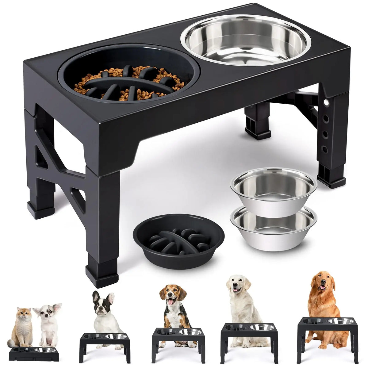 Black elevated pet feeder with two stainless steel bowls on a white background, surrounded by smaller images of dogs and additional bowls.