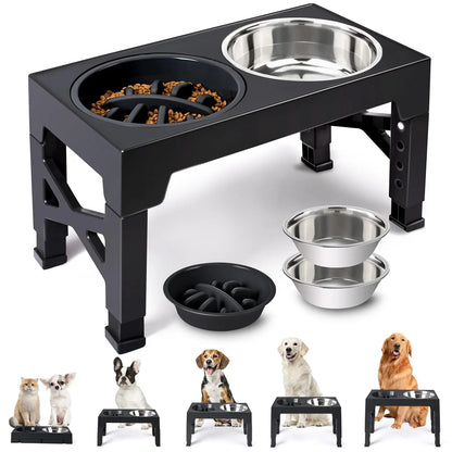 Black elevated pet feeder with two stainless steel bowls on a white background, surrounded by smaller images of dogs and additional bowls.
