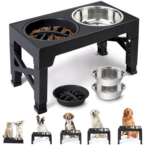 Black elevated pet feeder with two stainless steel bowls on a white background, surrounded by smaller images of dogs and additional bowls.