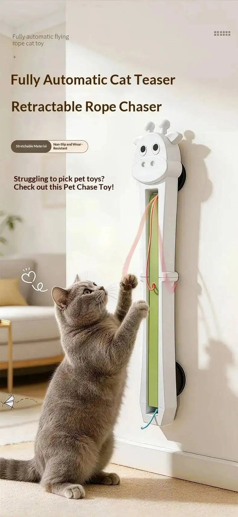 Cat playing with a fully automatic cat teaser toy in a home setting.