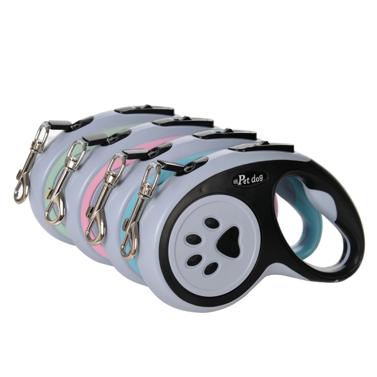 Retractable dog leash with multiple color options on a white background