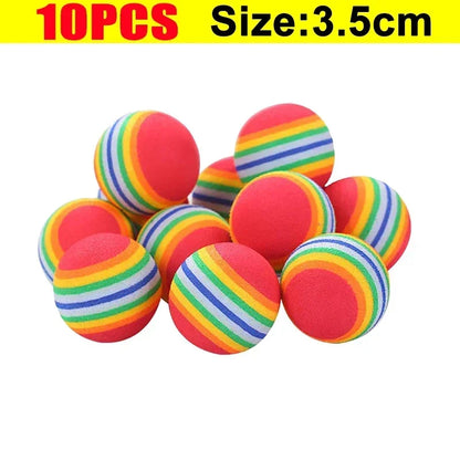 Colorful striped balls with text indicating quantity and size on a white background