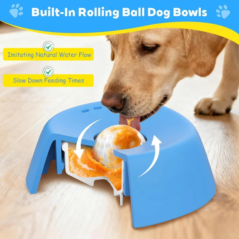 Dog eating from a blue built-in rolling ball dog bowl on a wooden floor.