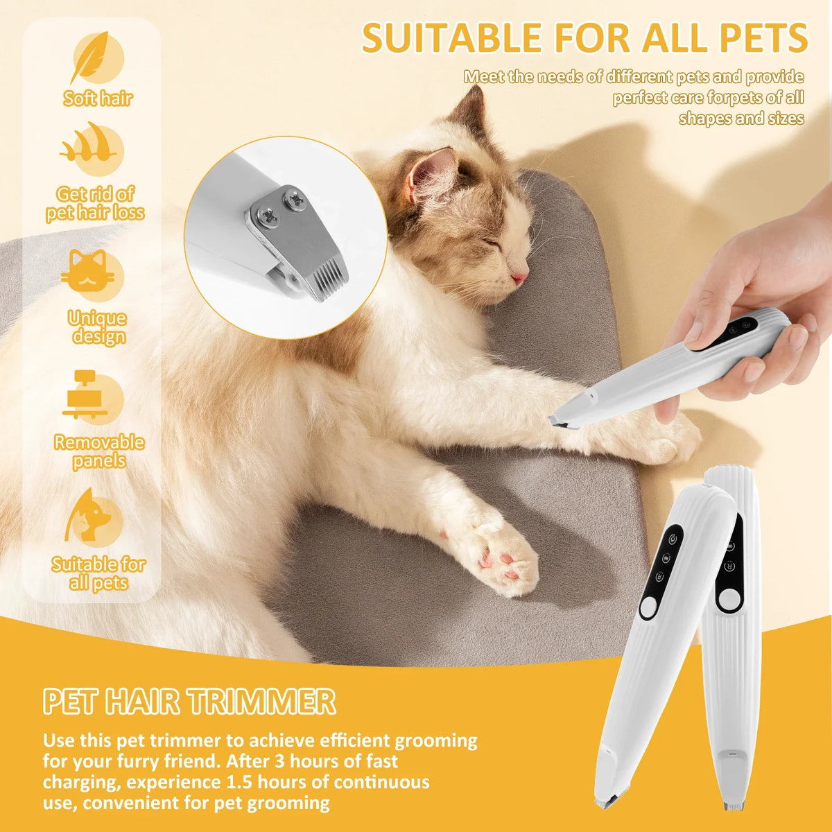 Pet hair trimmer being used on a cat with product details and features highlighted.