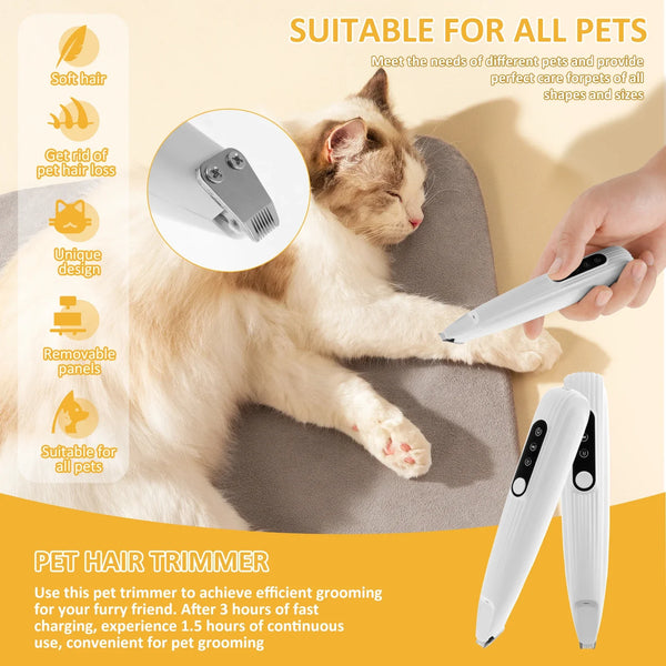 Pet hair trimmer being used on a cat with product details and features highlighted.