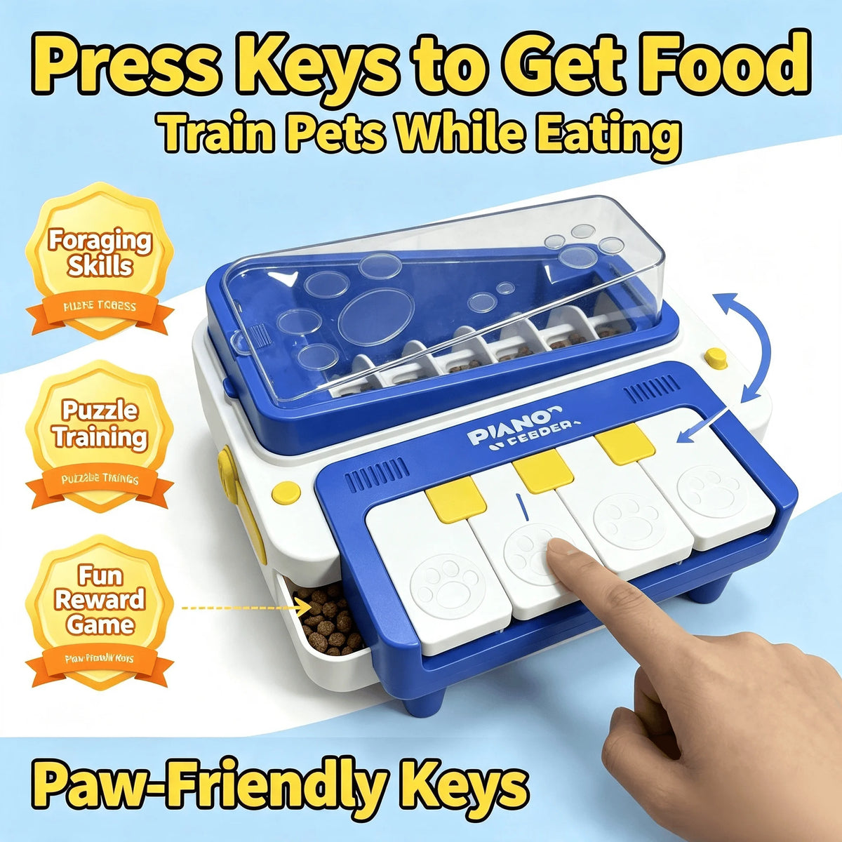 A blue and white pet training toy labeled 'Piano Kitten' shown on a light blue background, with a human hand pressing the keys. Large text reads 'Press Keys to Get Food' and 'Train Pets While Eating,' with feature badges for foraging skills, puzzle training, and fun reward game.