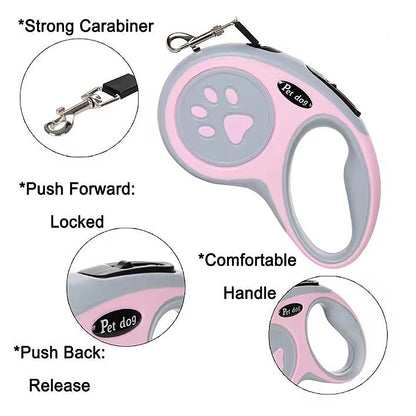 Pink and gray retractable dog leash with paw design and features highlighted.