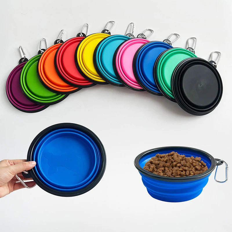 Hand holding compact folded collapsible dog bowl with kibble inside