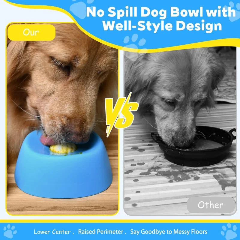 Dog using a blue no spill bowl with text highlighting features and comparison to 'Other' brand.
