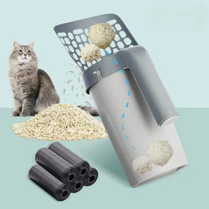 Cat litter box with cat and cat litter on a light blue background