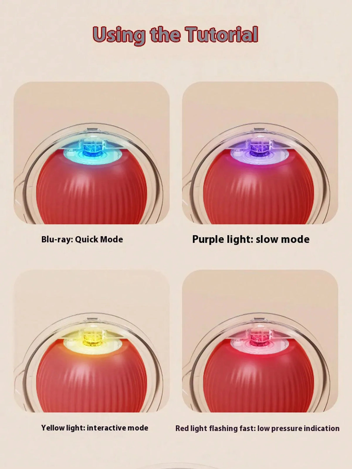 An instructional graphic titled 'Using the Tutorial' showing four inset photos of a red dome-shaped light device with a clear outer rim. The top-left inset shows a blue light labeled 'Blu-ray: Quick Mode,' the top-right shows a purple light labeled 'Purple light: slow mode,' the bottom-left shows a yellow light labeled 'Yellow light: interactive mode,' and the bottom-right shows a red light flashing fast with text reading 'Red light flashing fast: low pressure indication.