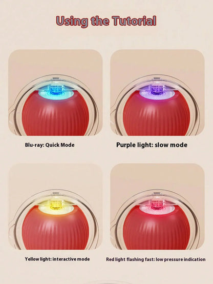 An instructional graphic titled 'Using the Tutorial' showing four inset photos of a red dome-shaped light device with a clear outer rim. The top-left inset shows a blue light labeled 'Blu-ray: Quick Mode,' the top-right shows a purple light labeled 'Purple light: slow mode,' the bottom-left shows a yellow light labeled 'Yellow light: interactive mode,' and the bottom-right shows a red light flashing fast with text reading 'Red light flashing fast: low pressure indication.