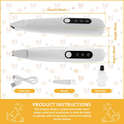 Pet grooming tool set with measurements and product instructions on a white background.