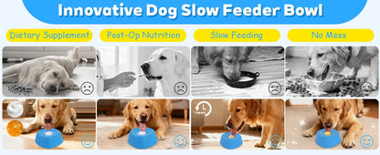 Innovative dog slow feeder bowl with images of dogs using it and text labels.