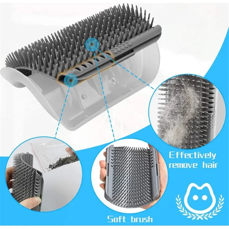 Pet grooming brush with hair removal capabilities, shown with close-ups and text indicating effectiveness.