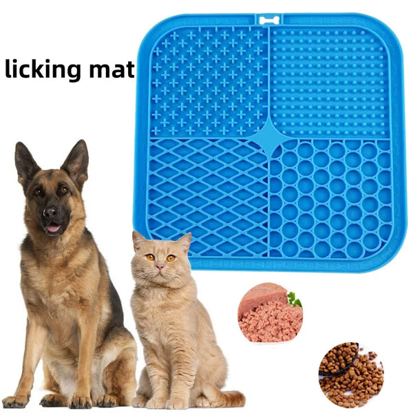 Blue pet licking mat with a dog and cat sitting next to it, and food images below.