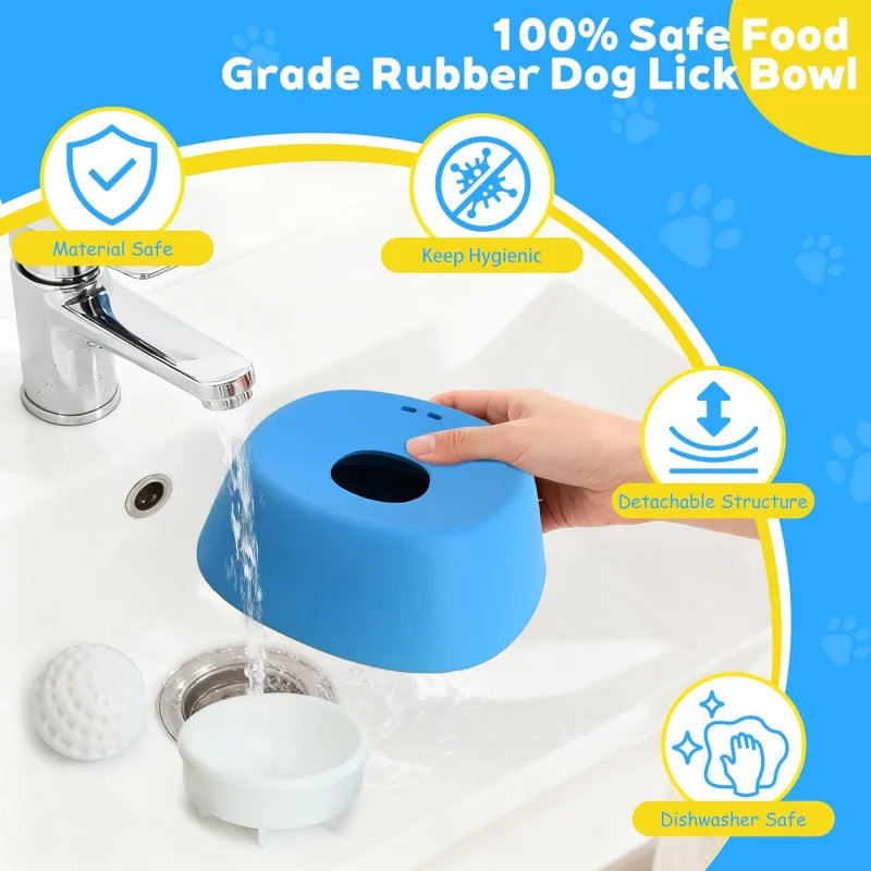 Blue dog lick bowl with faucet and hygiene features highlighted on a blue background