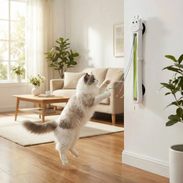 Cat playing with a wall-mounted cat toy in a bright living room.