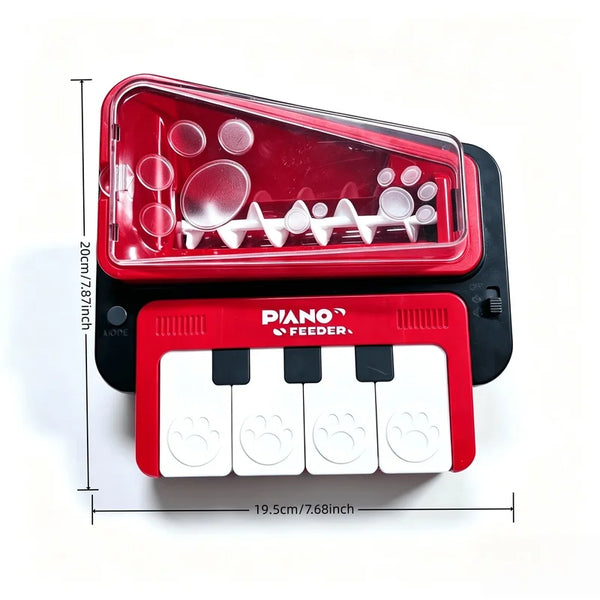 A red and black pet puzzle feeder toy with a transparent top cover and white paw-print key details, shown on a white background with dimension lines indicating 20cm height and 19.5cm width.