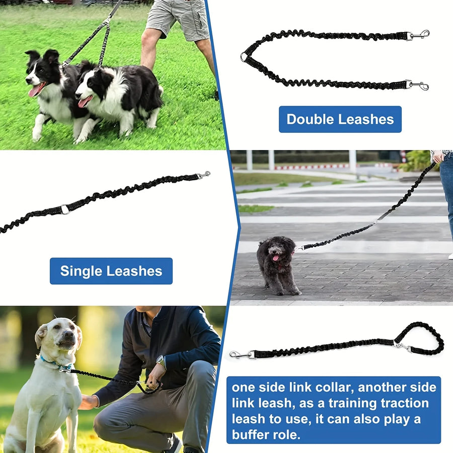 Pet Dog Double Leash Coupler – No-Tangle Reflective Bungee Lead for Two Dogs