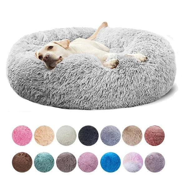 Calming round plush pet bed for cats and dogs, washable and warm