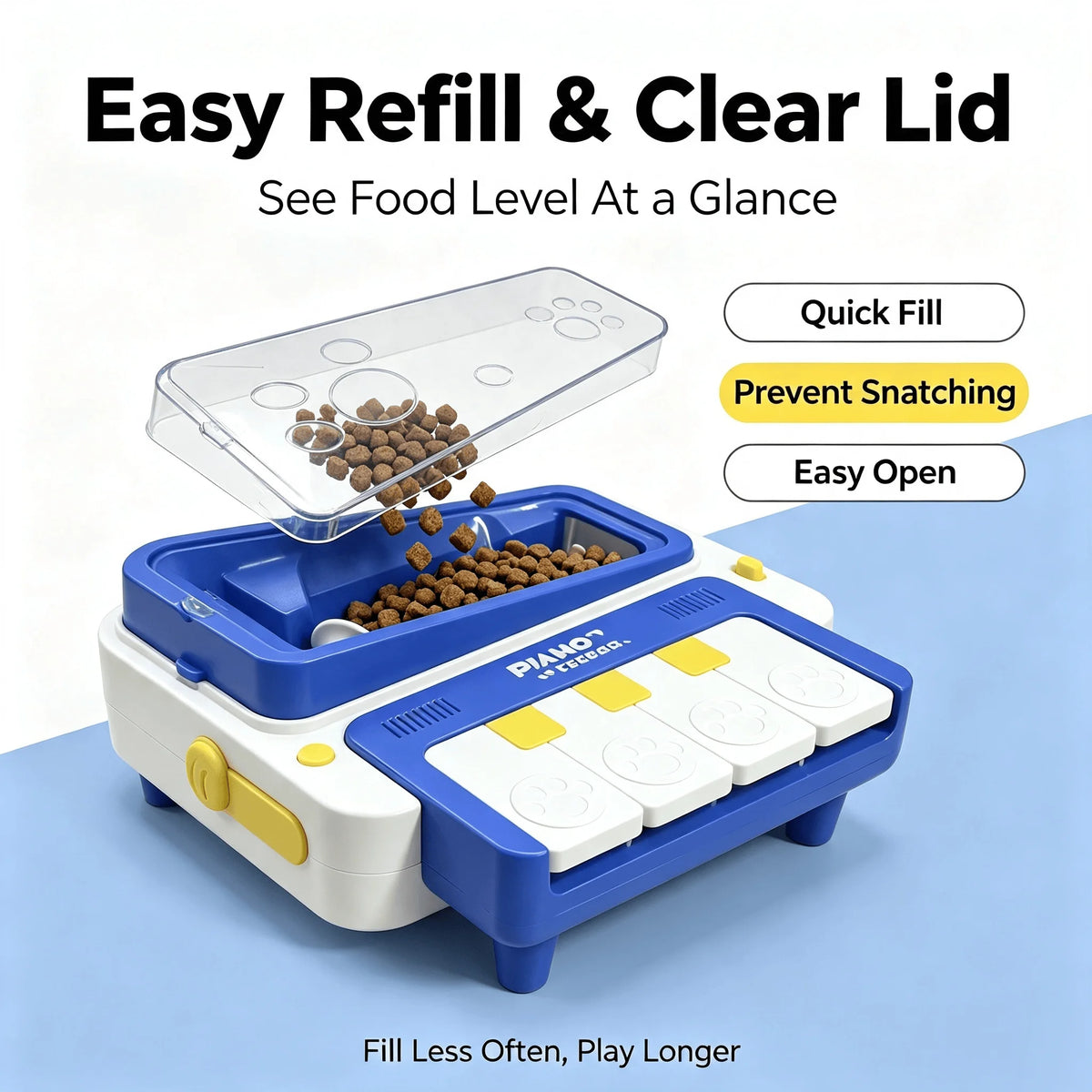 Blue and white pet food dispenser with a clear lid shown open, filled with kibble, with promotional text highlighting easy refill, clear lid, quick fill, prevent snatching, and easy open.