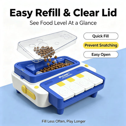Blue and white pet food dispenser with a clear lid shown open, filled with kibble, with promotional text highlighting easy refill, clear lid, quick fill, prevent snatching, and easy open.