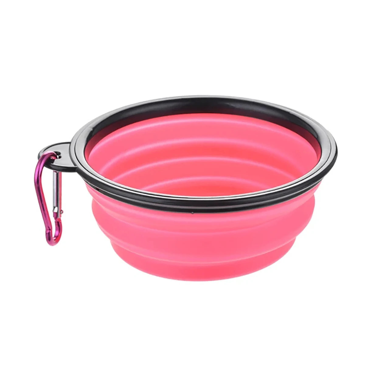 Pink collapsible dog bowl with a carabiner on a white background