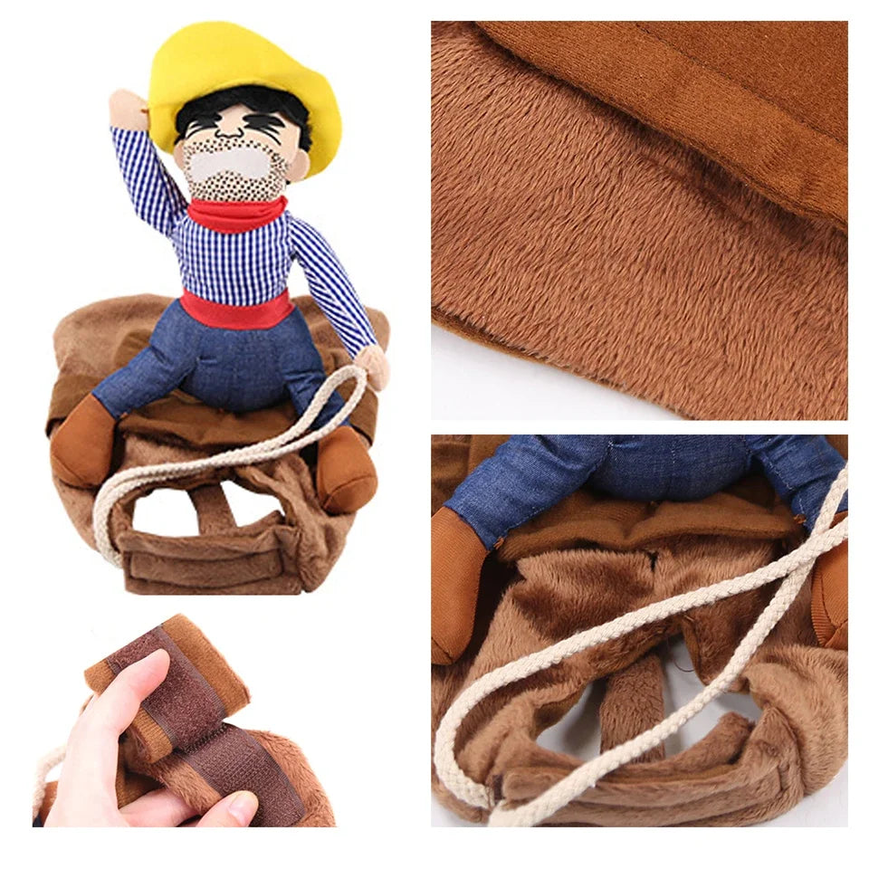Collage of a plush toy cowboy on a horse with close-up details.