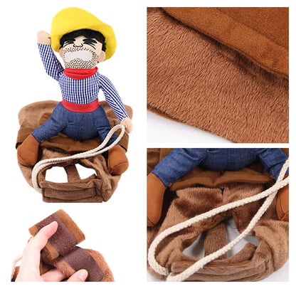 Collage of a plush toy cowboy on a horse with close-up details.