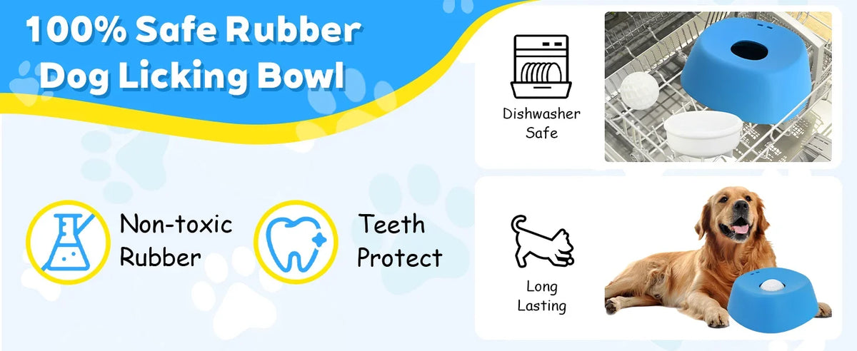 Advertisement for a 100% safe rubber dog licking bowl with icons and a dog on a blue background.