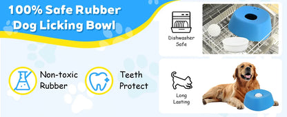Advertisement for a 100% safe rubber dog licking bowl with icons and a dog on a blue background.
