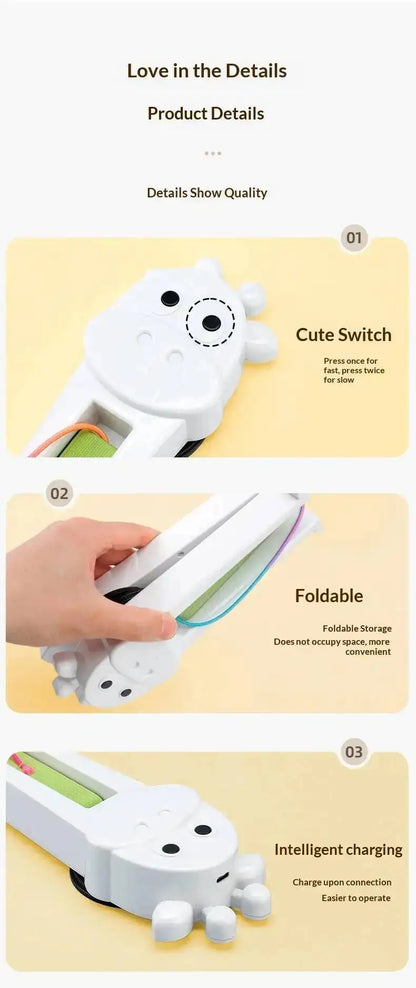 A product detail infographic for a white cartoon-style folding power bank. The graphic features three sections: 'Cute Switch' showing a hand pressing a round button on the top, 'Foldable' showing a hand folding the side of the device, and 'Intelligent charging' showing the device charging another white cartoon power bank.