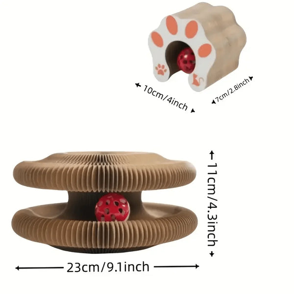 Cardboard cat toy with a red center and paw print design, showing measurements on a white background.