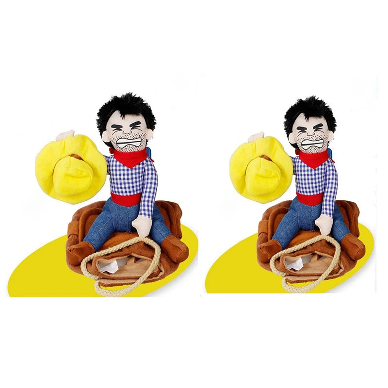 Two identical toy figures of a cowboy on a yellow base with a white background